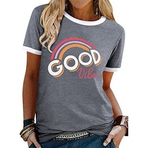 WIEIYM Good Vibes T-shirt voor dames, ronde hals, korte mouwen, zomer-T-shirts, regenboog, casual T-shirt met opdruk, tops, S-XXL, 2, lichtgrijs, L