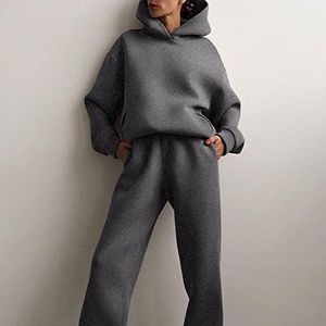 Dames trainingspak Herfst Fashion Warm Hoodie Sweatshirts Twee Stukken Oversized Solid Casual Hoody Pullovers Long Pant Sets-Dark grey,S