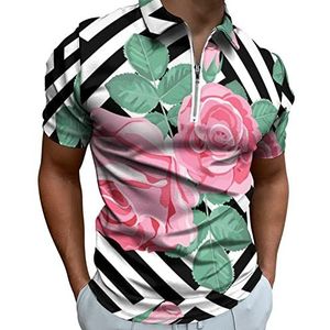 Roze rozen met bladeren heren poloshirt met rits T-shirts casual korte mouw golf top klassieke pasvorm tennis tee