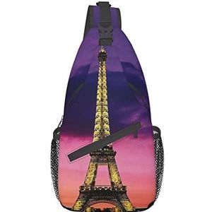 RVENU Paarse Eiffeltoren Gedrukt Sling Bag Cross Borst Tas Diagonaal Mode Reizen Wandelen Schouder Rugzak Multifunctionele Satchel Unisex, Zwart, One Size