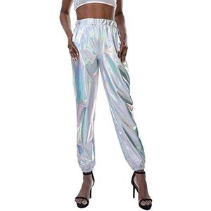IBAKOM Vrouwen Metallic Glanzende Leggings Elastische Taille Lange Broek Hip Hop Hipster Streetwear Stage Clubwear - zilver - XXL