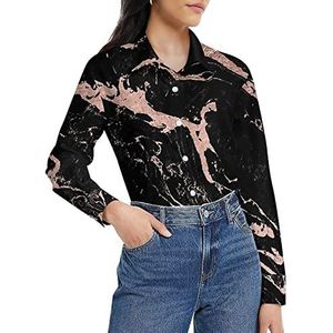 Rose Goud Folie Zwart Marmer Vrouwen Shirt Lange Mouw Button Down Blouse Casual Werk Shirts Tops M