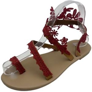 LDOZ Flat Sandals for Women Lace Flower Ring Toe Slip On Slippers Boho style Sandals for Street Shopping(Red,10.5)