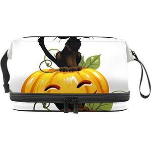 Grote capaciteit reizen cosmetische tas,Zwarte kat op Halloween pompoen,Make-up tas,Waterdichte make-up tas organisator, Meerkleurig, 27x15x14 cm/10.6x5.9x5.5 in