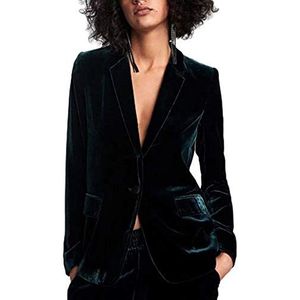 Pak Jas Vrouwen Herfst Winter Effen Kleur Zachte Comfortabele Jas Mode Blazer Fluwelen Slim Fit Lange Mouw Revers Kantoor Zakelijke Jassen, Groen, S