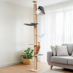 FUKUMARU Krabpaal, 6 etages tot aan het plafond reikende kattentoren (280-300 cm), aan de muur gemonteerde kattenboom, van natuurlijk rubberhout, met transparante ruimtecapsule en gezellige hangmat
