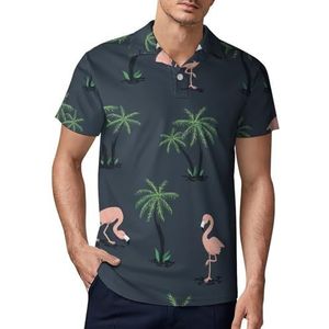 Roze flamingo vogels en palmbomen heren golfpoloshirt slim fit T-shirts korte mouw casual print tops M