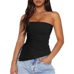 Sukiglam Y2k Buistop voor dames, mouwloos, bandeau-tops, elegant, elastisch, slim fit, taille, ruches, schoudervrij bovenstuk, sexy, rugvrij, antislip, zwart, S