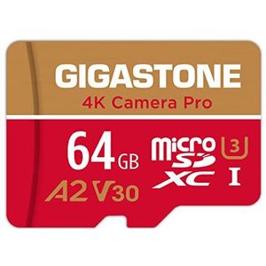 Gigastone Geheugenkaart 64 GB 4K Pro-camera, compatibel met GoPro Drone Switch, snelheid 95 MB/s. voor 4K video, A2 U3 V30 Micro SDXC-kaart met SD-adapter.
