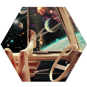 DEQORI Hexagon Wandbehang, zelfklevend, 55 x 47,6 cm, roadtrip door de heel, textielcanvas, verwijderbaar, decoratief en vormvast, voor woonkamer, kantoor, hal of kinderkamer