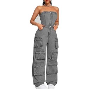 LoprNsdgt Dames Mouwloze Strapless Denim Jumpsuit Multi Pockets Baggy Cargo Jeans Jumpsuits,Grijs,3XL