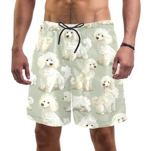 Mannen Board Shorts, Witte Fun Poedel Sneldrogende Badmode Strand Vakantie Party Bermuda Zwemmen Grote Broek, Witte Fun Poedel, L