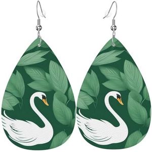 Vrouwen Oorbellen Zwaan Groene Bladeren Patroon Lederen Teardrop Oorbellen Dames Drop Dangle Tiener Meisjes Oorbellen Voor Vrouwen Bungelend, Voor Vrouwen, Nieuwjaar, Ouple, 3.8x5.7cm, Leer, Geen