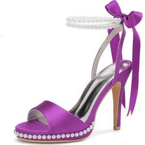 KYEGLO Dames Satijnen Parel Ronde Neus Stiletto Hoge Hak, Open Teen Sandalen Met Twee Parel Enkelbandjes - Feestelijke Trouwjurk Prom Schoenen,Purper,36