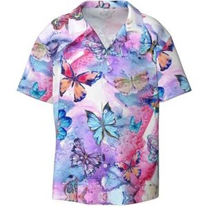 OdDdot Kleurrijke vlinderprint herenoverhemden atletisch slim fit korte mouw casual zakelijk overhemd met knopen, Zwart, L