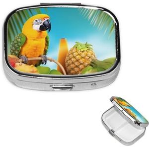 Zomer papegaai ananas vogels pillendoos met spiegel 2 compartimenten decoratieve pillenetui voor portemonnee of zak kleine vierkante pillenorganisator wekelijkse metalen medicijntablet vitaminehouder