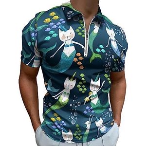 Zeemeermin katten poloshirt voor heren, casual T-shirts met ritssluiting en kraag, golftops, slim fit