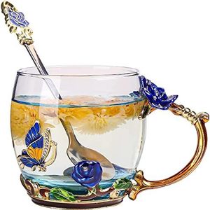 KONGNY Emaille vlinder bloem loodvrije glazen koffiemok bloem thee kopjes met lepel, ideaal voor vrouwen moeder oma vrouw vriend bruiloft verjaardag Kerstmis Valentijnsdag, 315 ml