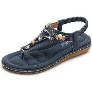 feryitao Dames teenslippers met strass, grote maten, lage sleehak sandalen voor vrouwen, zomer bruiloft schoenen voor vrouwen, Blauw, 3.5 UK Wide