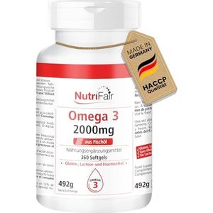 Omega 3-360 softgels - 2000 mg visolie per dagelijkse dosis - met EPA, DHA en vitamine E - hoge dosis - Duitse productie en laboratoriumtest - NutriFair | premium & fair