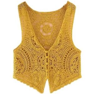 Gilet - Geel - Mouwloos - V-Hals - Gehaakt - Boho