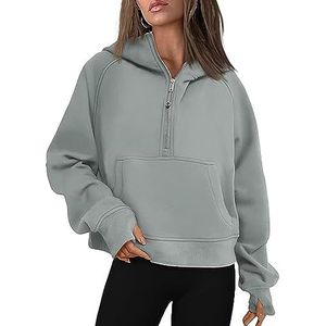 ACICS Womens Hoodies Sweatshirts Half Zip Cropped Pullover Fleece Quarter Zipper Hoodies with Pockets Fall Outfits Clothes Thumb Hole (Color : Gray, Size : XL)