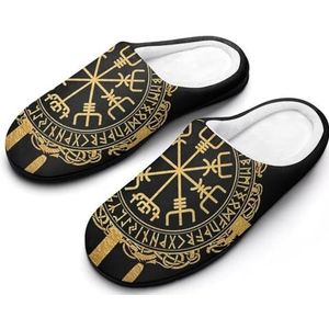 Viking Vegvisir Platte Katoenen Pantoffels, 3D-print Noorse Mythologie Kompas Harige Pantoffels, Casual Gesloten Tenen Huisschoenen(Color:Black E,Size:46EU-47EU)