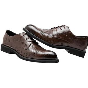 Oxford formele schoenen for heren Vetersluiting Puntige gepolijste neus Ademende holle imitatieleren Derby-schoenen Slipvast Antislip Lage top Bruiloft(Brown,43 EU)