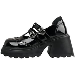 Gothic T-riem platform Mary Jane schoenen voor vrouwen 2023 patent leer hoge hakken pumps vrouw punk stijl dikke hak lolita schoenen, zwart, 42 EU