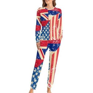 Amerikaanse en Hawaii retro vlag zachte dames pyjama lange mouw warme pasvorm pyjama loungewear sets met zakken 6XL