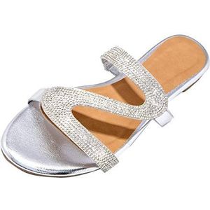 LDOZ Zomerse modieuze sandalen met strass steentjes voor dames, comfortabele platte sandalen met één lijn voor op straat, winkelen en daten(Silver,10)