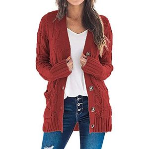 Maavoki Damesvest, gebreid vest voor dames, lang model, elegant, open voorkant, grof gebreid, cardigan met lange mouwen, met knopen en zakken, rood, XXL