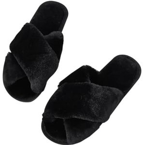 Platte pantoffels voor vrouwen/mannen comfortabele antislip herbruikbare fuzzy cross band lichtgewicht teen open harige zachte slippers thuis slippers, Zwart, One Size