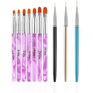 10 stuks gel nagelborstel set, 7 stuks UV-gel nagellak penselen met 3 stuks nail art liner penselen, nail art borstel nagel schilderij borstel pen set voor acryl toepassing