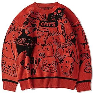 Unisex pullover streetwear,borduurwerk bloem kat harajuku trui retro-stijl gebreide trui herfst katoen trui (Color : Rouge, Size : L)