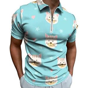 Cat Faces And Stars Poloshirt voor heren, met ritssluiting, casual korte mouwen, golftop, klassieke pasvorm, tennisshirt