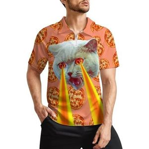 Pizza verslaafde kat met lasers van ogen heren golfpoloshirts klassieke pasvorm korte mouw T-shirt bedrukt casual sportkleding top XL