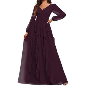 Prinses Bruidsmeisje Jurken Lange Mouw Prom Jurken V-hals Chiffon Formele Avond Party Maxi Jurk ZM208, Druif, 32