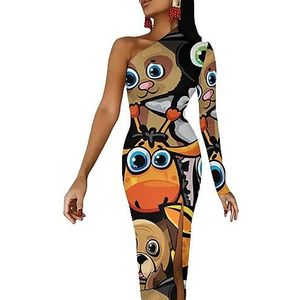 Grappige Cartoon Honden Kat Giraffe Zomer Maxi Jurk Voor Vrouwen Half Mouw Lange Jurk Slanke Split Avondjurken S