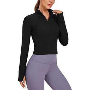 CRZ YOGA Vrouwen Butterleuse 1/2 Rits Lange Mouw Shirt Sport Pullover Crop Tops Fitness Gym Running Sweatshirt met Duimgat zwart XS
