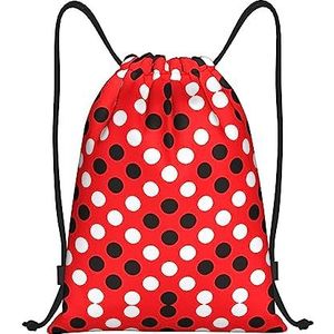 Ousika Rode Witte Polka Dot Gedrukte Trekkoord Rugzak Bag Waterbestendig Lichtgewicht Gym Sackpack voor Wandelen, Zwart, Medium