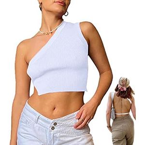 Women Y2K One Shoulder Backless Knitted Crop Top,Sexy Sleeveless Cut Out Slim Fit Solid Cropped Tank Tops Vest,Strappy Open Back Halter Cami Top Streetwear Summer T-Shirts (M, White)