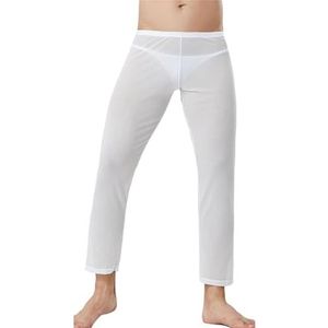 Doorzichtige mesh lange broek voor heren, pyjamabroek met lage taille, transparante lingerie, sexy nachtkleding, ademende transparante mesh panty, Wit, XL