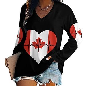 Love Canada Heartbeat nieuwigheid dames blouse tops V-hals tuniek t-shirt voor legging lange mouw casual trui