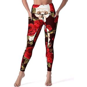 Skulls And Red Roses yogabroek voor dames, hoge taille, leggings, trainingsbroek met zakken, XL