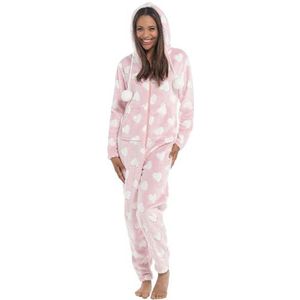 Lora Dora Onesie met hartprint voor dames, alles-in-één fleece pyjama met capuchon, roze, M