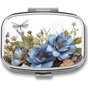 Blauwe bloemen en libelle pillendoos, kleine metalen pillendoosje voor portemonnee en zak, pillenorganizer met 2 compartimenten met spiegel, pillendoos voor op reis, medicijnetui, draagbare