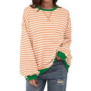 TERIVEEK 2000 Oversized sweatshirt voor dames met lange mouwen en ronde hals, casual gestreepte trui met losse pasvorm, Oranje, S