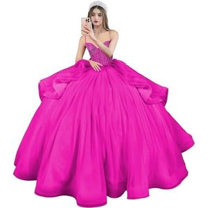 Fuomomo Quinceanera MT054 Jurken met spaghettibandjes, partyjurk met staart, Quinceanera kanten jurk met strik, Quinceanera tule met parels, Magenta., 36