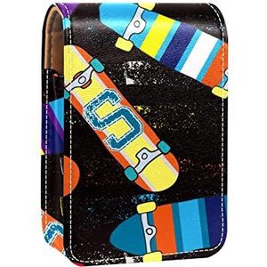 Lipgloss Houder Lipstick Case Draagbare Mini Lipstick Opbergdoos Reizen Lipstick Organizer Case met Spiegel voor Vrouwen Skateboard Zwart, Meerkleurig, 9.5x2x7 cm/3.7x0.8x2.7 in